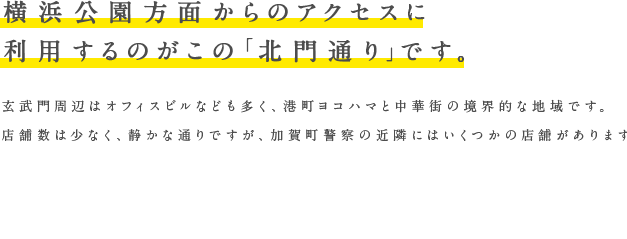 横浜公園方面からのアクセスに利用するのがこの「北門通り」です。玄武門周辺はオフィスビルなども多く、港町ヨコハマと中華街の境界的な地域です。
店舗数は少なく、静かな通りですが、加賀町警察の近隣にはいくつかの店舗があります。